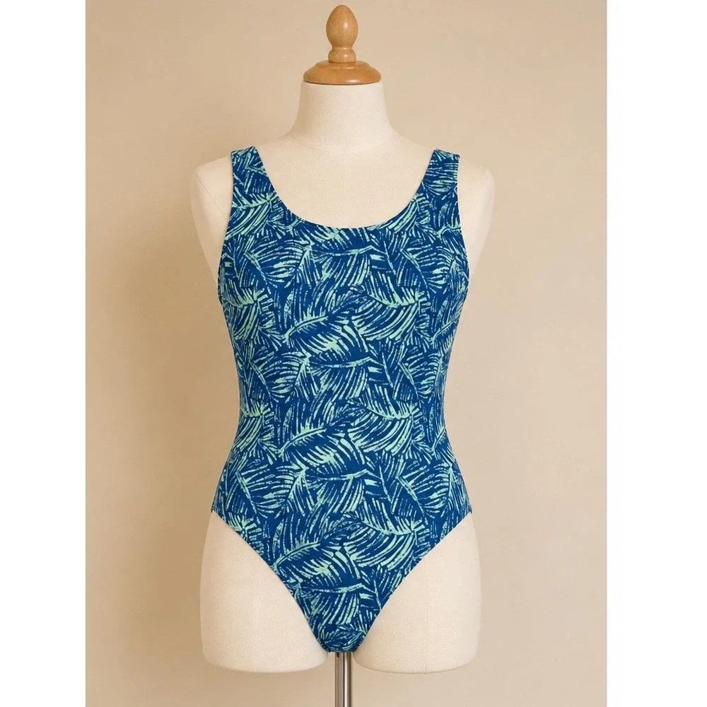 LL Bean Womens Blue Green Tropical Palm Leaf One Piece Swimsuit UPF 50+ Size 8‎